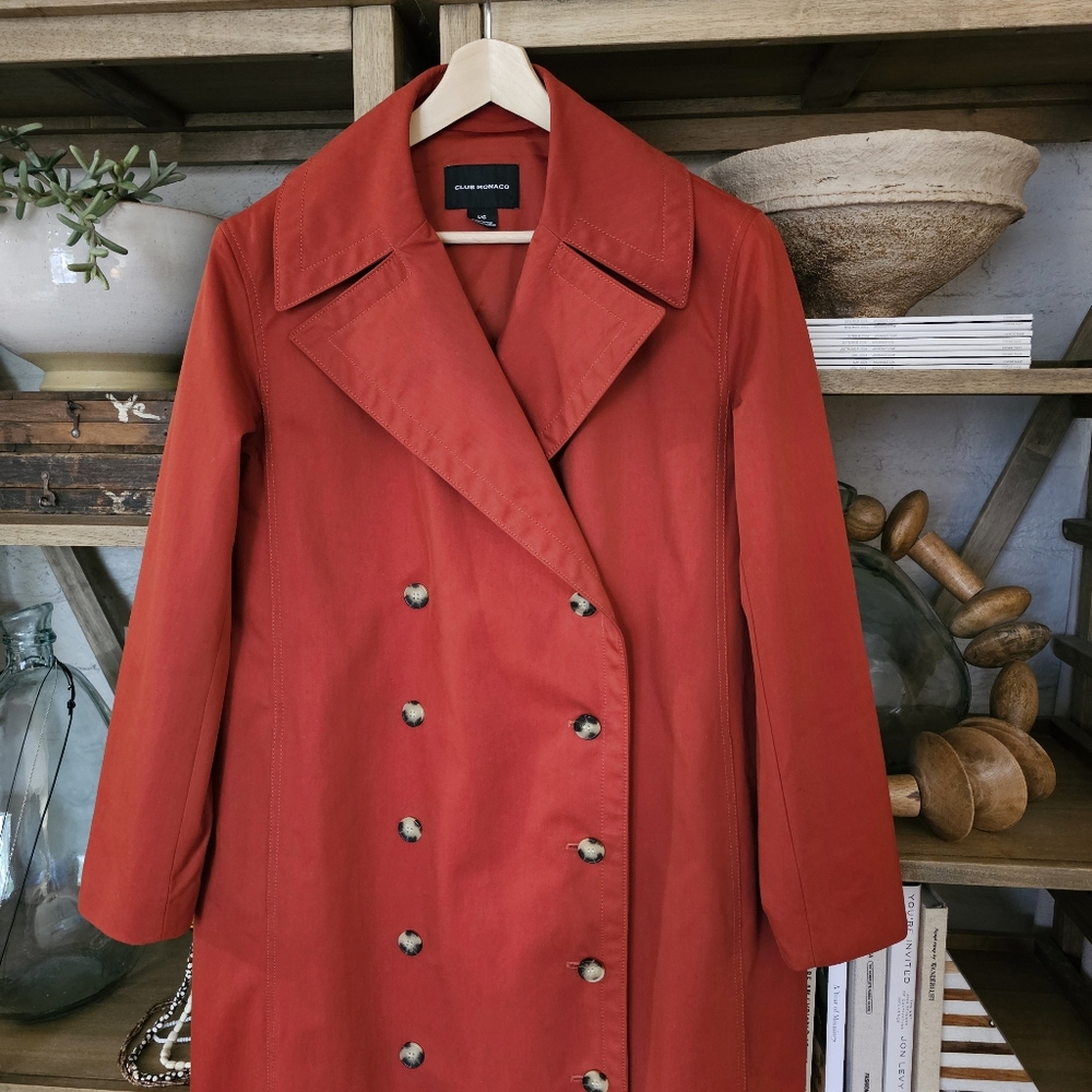 Club Monaco Ohdette Long Trench Coat Jacket Brick Red Sz L - Picture 4 of 13